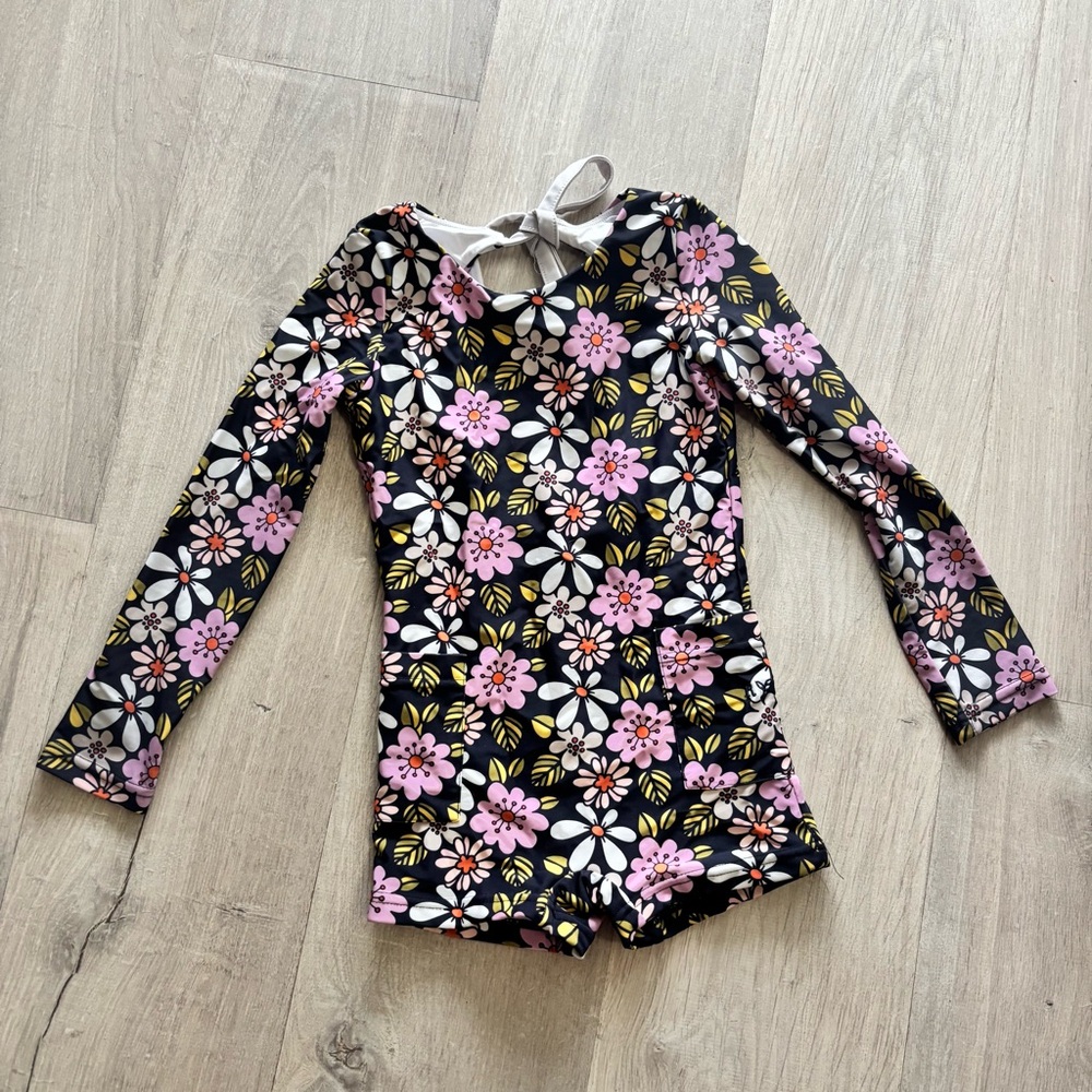 Remie Girl Long Sleeve Floral Rashguard Swim Suit - Black with Pink Flowers